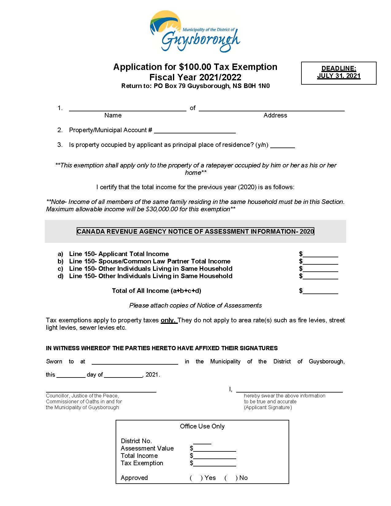 Low Tax Exemption Municipality of the District of Guysborough